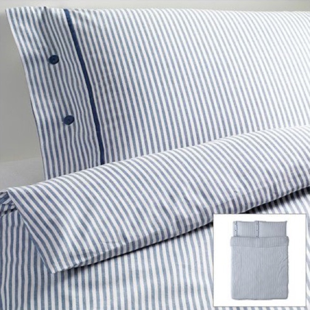 NWT Ikea Nyponros Full/Queen Duvet Cover/2 Pillowcase Set in Blue/White Stripe